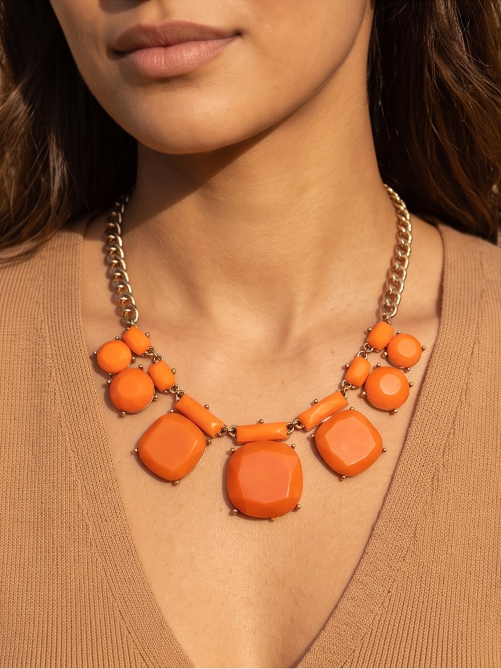 Charming Charlie Orange Statement Necklace with Gold-Tone Chain